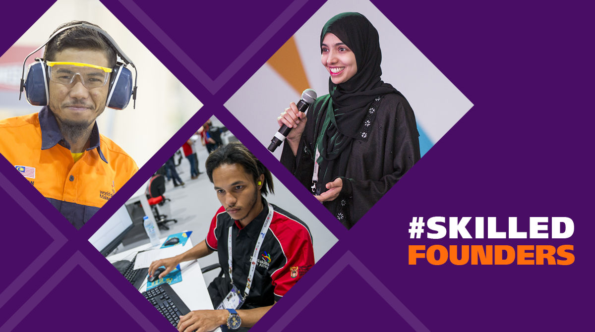 2021年5月，Worldskills内容主题的促销形象 -  #SkillSFounders强调了年轻人，他们将自己的技能专业知识应用于企业家企业。
